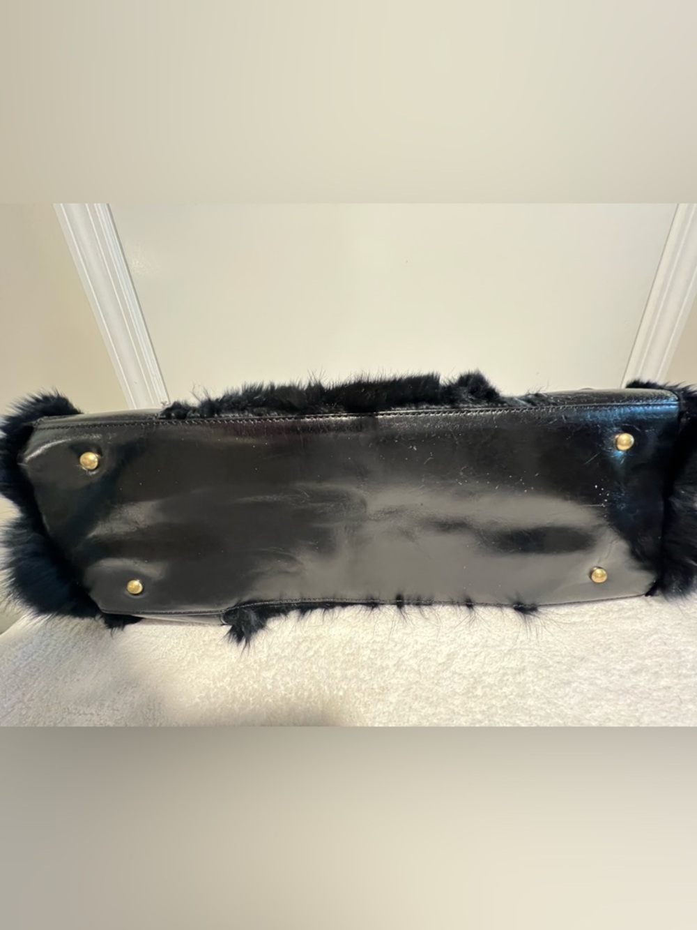 Kenneth Cole Black Rabbit Fur and leather bag with Studded Trim. - Picture 7 of 7